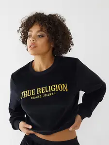 True Religion Women Black Printed Cropped Sweatshirt