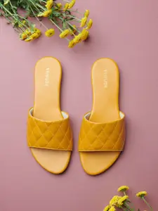 Vishudh Women Mustard Yellow Textured Synthetic Open Toe Flats