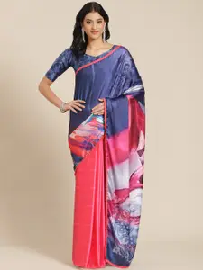 Kalista Pink & Blue Poly Silk Printed Saree