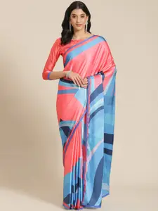 Kalista Turquoise Blue & Pink Printed Saree