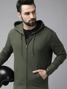 Roadster Men Olive Green Solid Hooded Sweatshirt