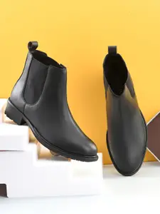 El Paso Women Black Solid Leather Chelsea Boots