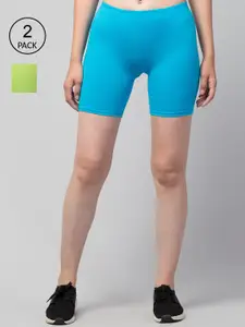 Apraa & Parma Women Set of 2 Sea Green & Blue Slim Fit Cycling Sports Shorts