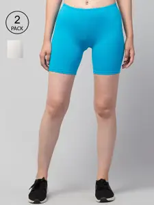 Apraa & Parma Women Pack Of 2 Turquoise Blue & White Pure Cotton Cycling Sports Shorts