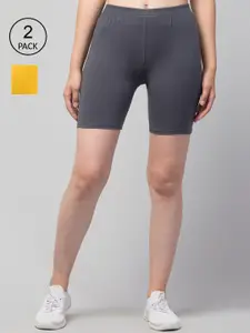 Apraa & Parma Women Pack Of 2 Yellow & Grey Solid Cotton Slim Fit Cycling Sports Shorts