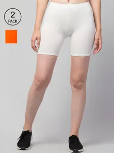 Apraa & Parma Women Pack of 2 White & Orange Slim Fit Cotton Cycling Sports Shorts