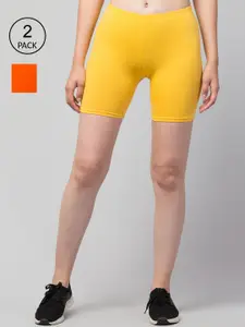 Apraa & Parma Women Pack Of 2 Yellow & Orange Solid Slim Fit Cycling Sports Shorts