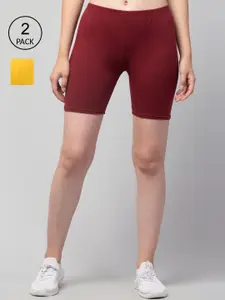Apraa & Parma Women Pack of 2 Yellow and Maroon Cotton Cycling Sports Shorts