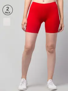Apraa & Parma Women Pack of 2 White and Red Cotton Cycling Sports Shorts
