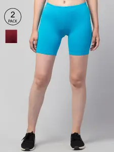Apraa & Parma Women Pack Of 2 Turquoise Blue & Marron Slim Fit Cycling Sports Shorts
