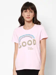 HOUSE OF KKARMA Women Pink Typography Printed Cotton T-shirt