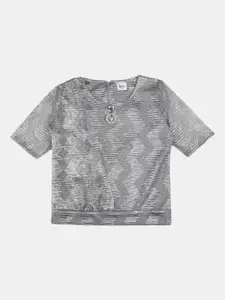 V-Mart Girls Grey & Black Embellished Pure Cotton T-shirt with Pyjama