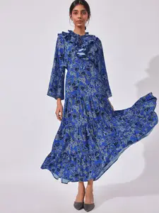 The Label Life Women Blue & Black Floral Printed Tiered Maxi Skirt