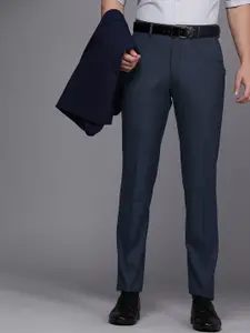 Louis Philippe Men Navy Blue Checked Slim Fit  Formal Trousers