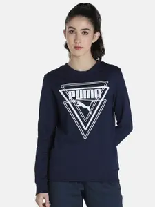 Puma Women Navy Blue & White Graphic Crew Printed Cotton Regular Fit Sweatshirt