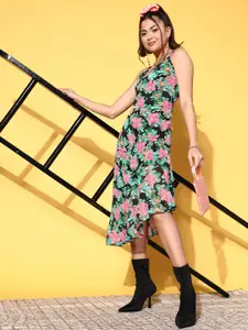 plusS Women Elegant Green Floral Spaghetti Straps Dress