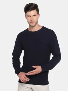 Blackberrys Men Navy Blue Cable Knit Pullover Sweater
