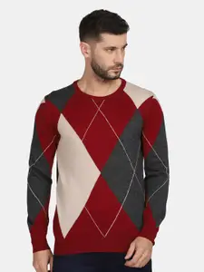 Blackberrys Men Maroon & Grey Colourblocked Wool Pullover Sweater