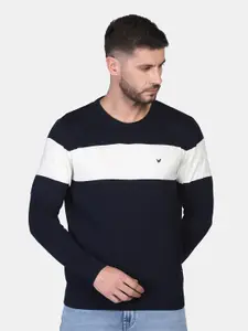 Blackberrys Men Navy Blue & White Colourblocked Cotton Pullover