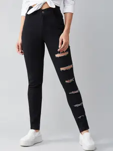 Miss Chase Women Black Slim Fit High-Rise Mildly Distressed Jeans