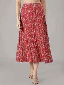 NUEVOSDAMAS Women Red & White Floral Printed A-Line Knee-Length Skirts