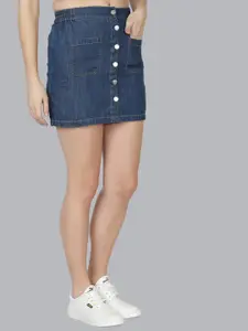 NUEVOSDAMAS Women Blue Solid Denim Straight Mini Skirt