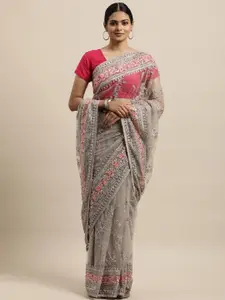 kasee Grey & Silver-Toned Floral Embroidered Net Saree