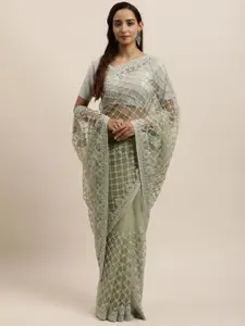kasee Sea Green & Silver-Toned Floral Embroidered Net Saree