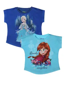 YK Disney Girls Pack Of 2 Blue Elsa & Anna Printed Cotton T-shirt