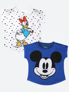 YK Disney Girls Pack Of 2 White & Blue Mickey Mouse Printed T-shirt