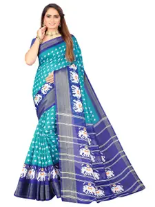 SAADHVI Turquoise Blue & Purple Ethnic Motifs Zari Art Silk Ikat Saree