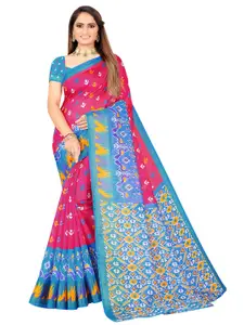 SAADHVI Pink & Blue Art Silk Ikat Saree