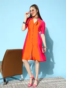 Yufta Women Pink & Orange Colourblocked Midi Shirt Dress