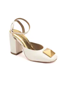 Heel & Buckle London Beige & Gold-Toned Work Block Pumps with Bows