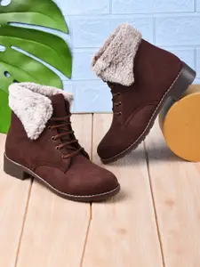 THE WHITE POLE Women Brown Solid Block Heeled Suede Short Boots