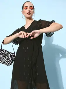ANI Women Deep Black Self-Design Wrap It Up Dress