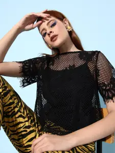 ANI  Classy Black Self-Design Lace Inserts Top
