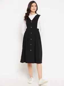 WineRed Women Black Crepe Pinafore Dress with button