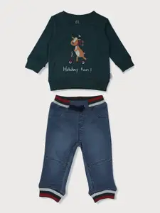 Gini and Jony Girls Green & Blue Printed T-shirt with Trousers