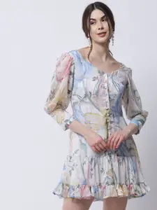 MARC LOUIS White & Blue Floral Chiffon A-Line Dress