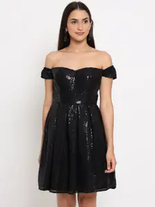 MARC LOUIS Black Embellished Off-Shoulder Georgette Dress