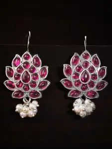 Rubans Pink & Silver-Toned Silver Plated Floral Drop Earrings