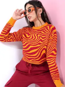 Tokyo Talkies Tokyo Talkies Women Orange & Red Jacquard Pullover Sweater