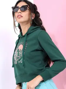 Tokyo Talkies Women Green Printed Hooded Cotton Sweatshirt