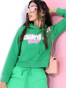 Tokyo Talkies Women Green Printed Hooded Cotton Sweatshirt