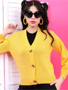 Tokyo Talkies Women Mustard Solid  Long Sleeve Cardigan Sweater