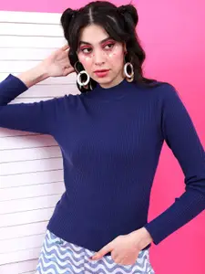 Tokyo Talkies Women Navy Blue High Neck Acrylic Pullover