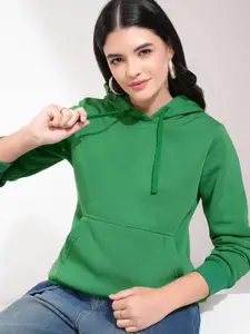 Tokyo Talkies Women Green Solid Hooded Sweatshirt