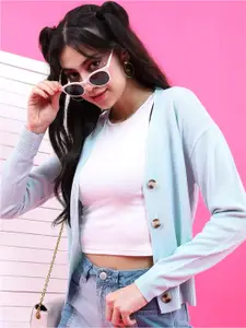 Tokyo Talkies Women Blue Solid Cardigan Sweater