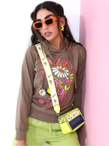 Tokyo Talkies Women Brown Printed Hooded Pullover Sweatshirt